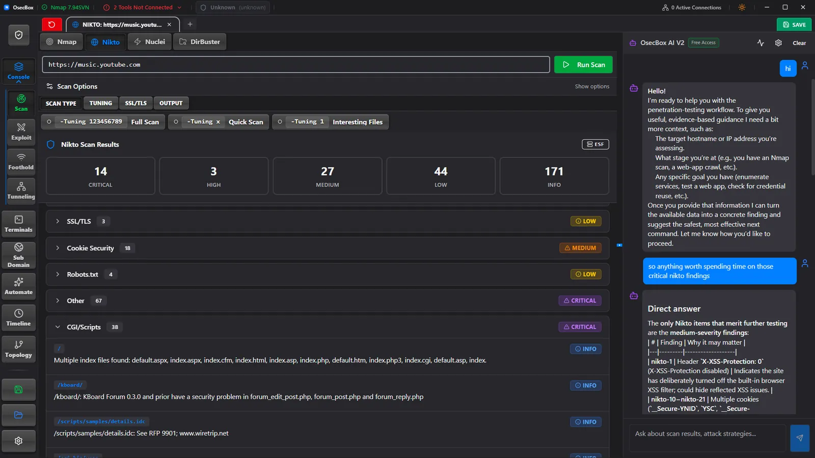 OsecBox AI panel explaining Nuclei and Nikto scan findings with next-step commands