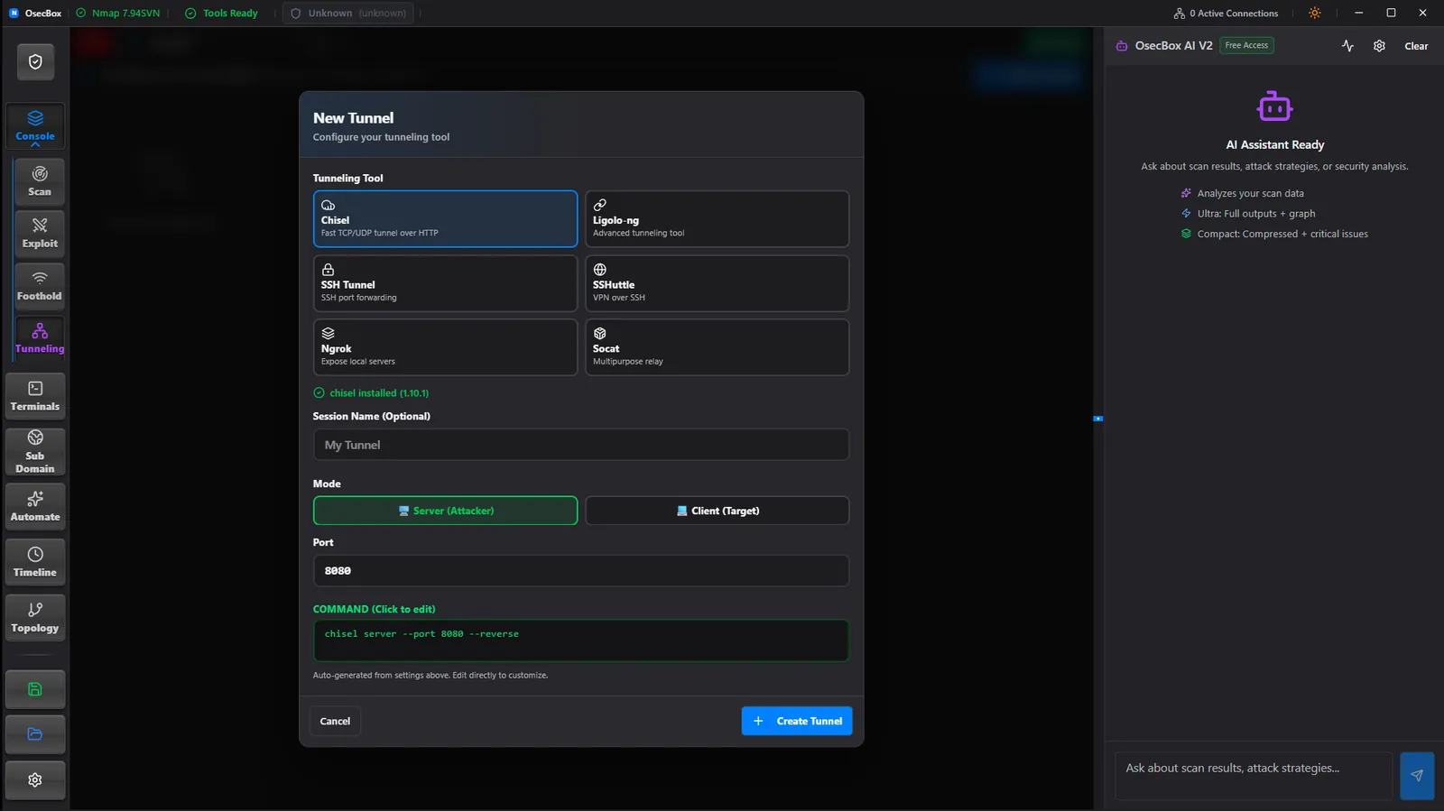 Listener management showing chisel, ligolo-ng, ssh and socat sessions