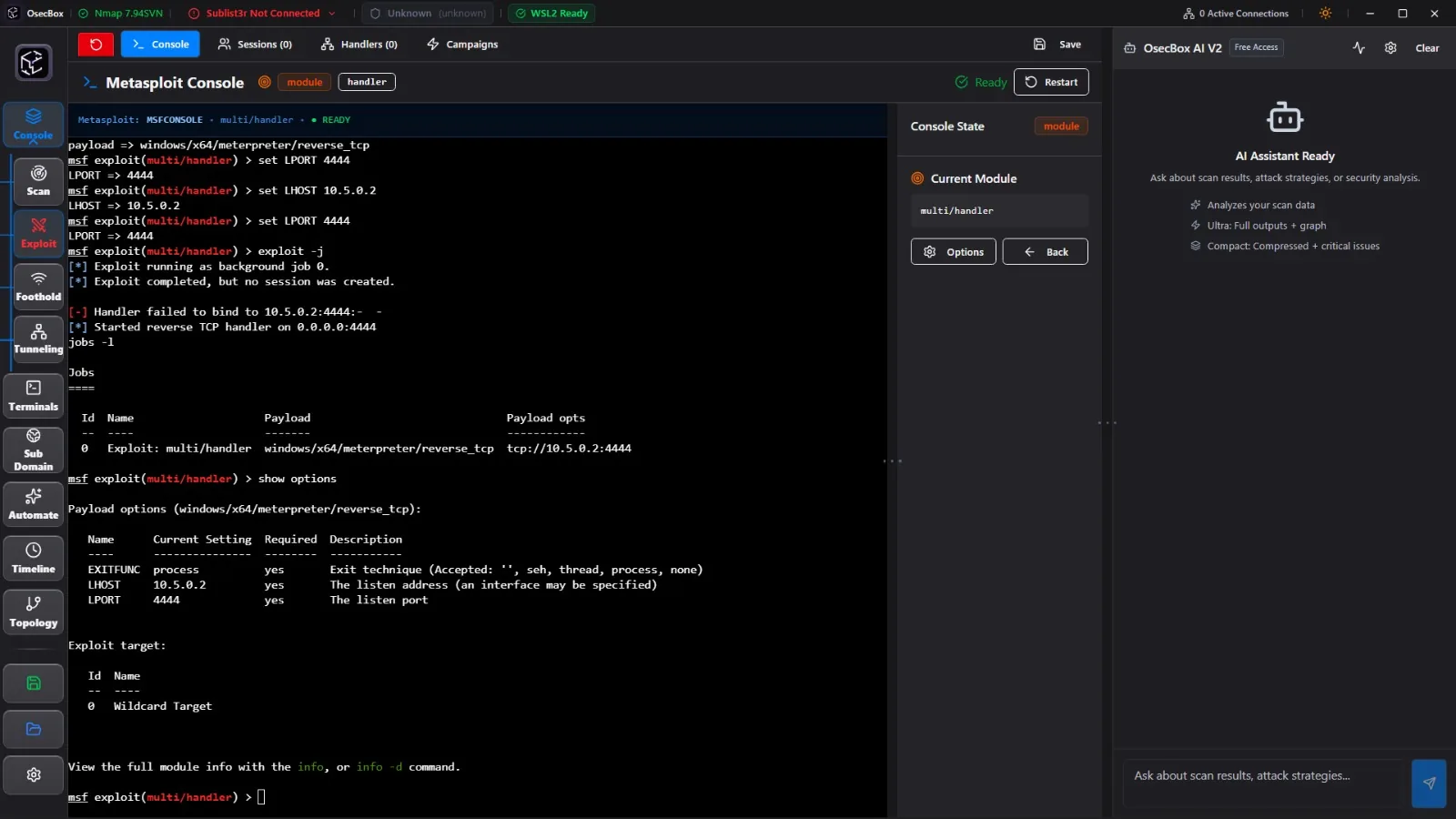 OsecBox Metasploit console with mirrored module state, handler manager and CVE module search