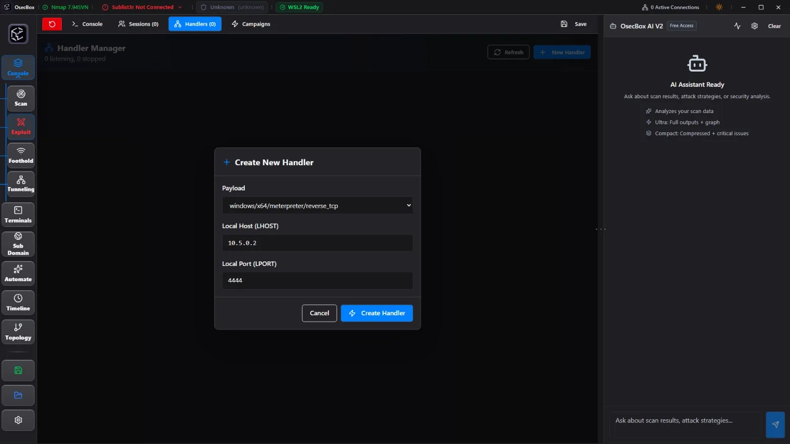 OsecBox Metasploit console with mirrored module state, handler manager and CVE module search