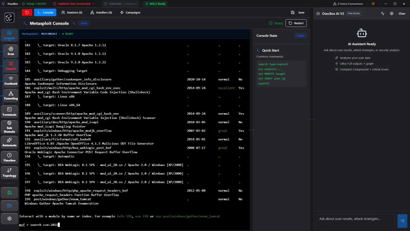 OsecBox Metasploit console with mirrored module state, handler manager and CVE module search