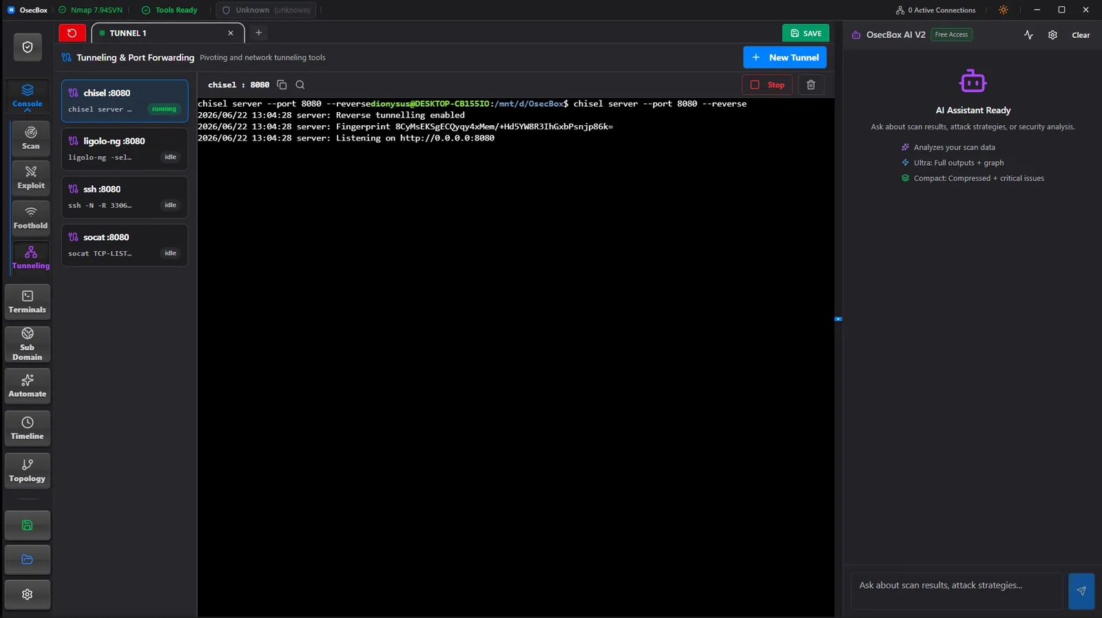 Listener management showing chisel, ligolo-ng, ssh and socat sessions