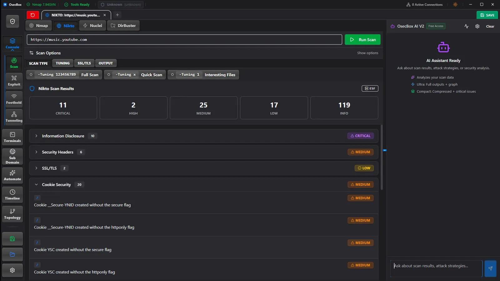 Nmap scan configuration with clickable flags and parsed port results