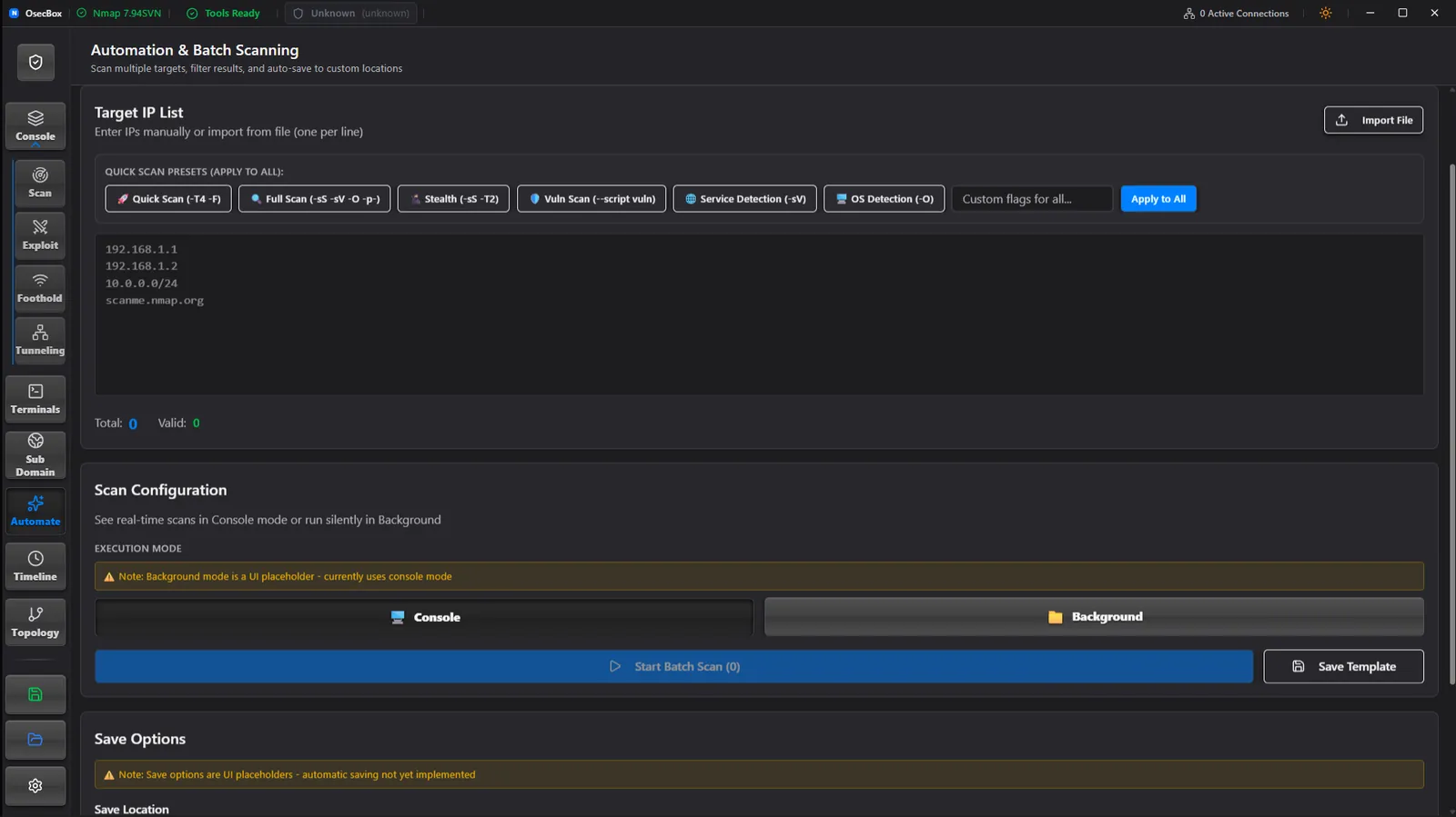Automation and batch scanning view with target IP list and scan presets